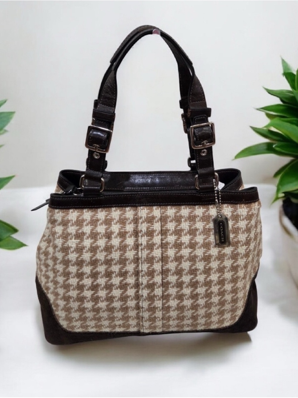Coach Brown and Beige Houndstooth Shoulder Bag